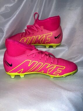 Nike Kids Pink Soccer Cleats with Neon Yellow Soles